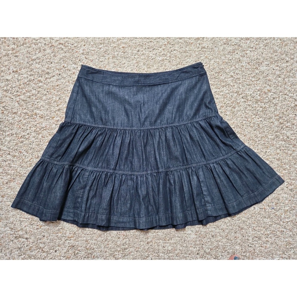 Ann Taylor LOFT Dark Wash Denim Tiered Ruffle Boho Peasant Western Skirt Size 10